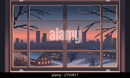 Pixel art view from the window to a winter village landscape. Snowy houses in front of the cityscape silhouette. Christmas background. Vector illustra Stock Vector