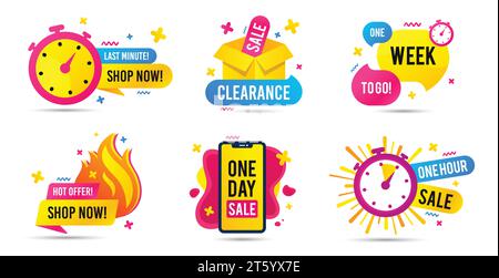 Sale timer badges. Last minute banner, one day sales and hot offer stickers. Clearance sale promotions. Vector Stock Vector
