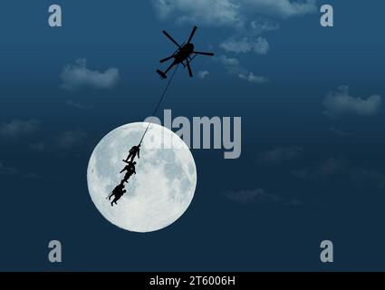 Soldiers are seen being airlifted by a helicopter at night in a fictional 3-d illustration about military training. Stock Photo