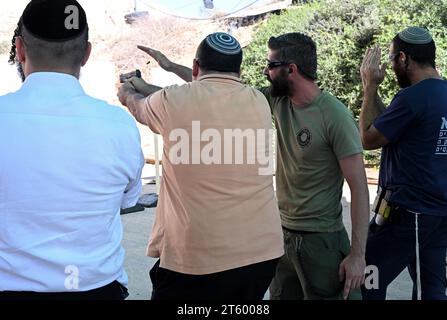 Gush Etzion, West Bank. 06th Nov, 2023. Israeli Jews attend a training session for using a handgun at the Caliber 3 Counter Terror and Security Academy in Gush Etzion, West Bank, on Monday November 6, 2023. Israelis are rushing to obtain gun licenses as a result of a feeling of insecurity after the October 7 Hamas massacre along the Gaza border. Photo by Debbie Hill/ Credit: UPI/Alamy Live News Stock Photo