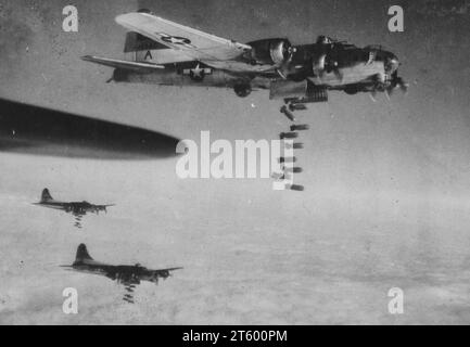 Boeing B-17 Flying Fortresses of the U.S. 8th Air Force's Third Air Division bomb German communications at Chemnitz marshalling yard, Germany, near Dresden on Feb 6, 1945. Cutting of rail lines here aided in shutting off the flow of supplies Stock Photo