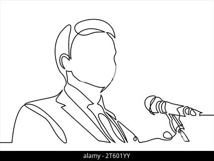 Business conference, business meeting. Man at rostrum in front of audience. Public speaker giving a talk at conference hall- continuous line drawing Stock Vector