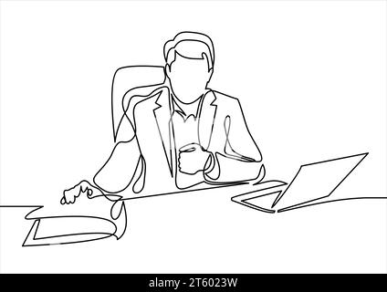 businessman in a suit sitting in a  office on a chair at the computer and work with documents- continuous line drawing Stock Vector