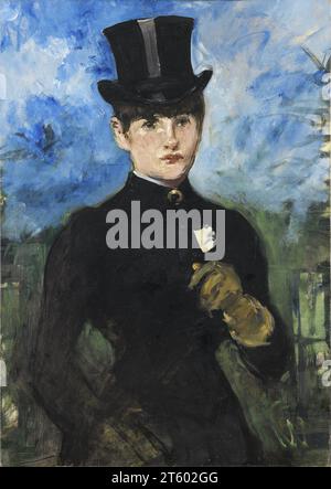 Title: Horsewoman, Full-Face (L'Amazone) Artist: Édouard Manet Date: ca. 1882 Content: A painting of a woman riding a horse, facing the viewer. The woman is wearing a blue riding habit and a black hat. She is holding the reins of the horse in one hand, and she has a whip in the other hand. Dimensions: 73 x 52 cm Medium: Oil on canvas Location: Museo Nacional Thyssen-Bornemisza, Madrid Stock Photo