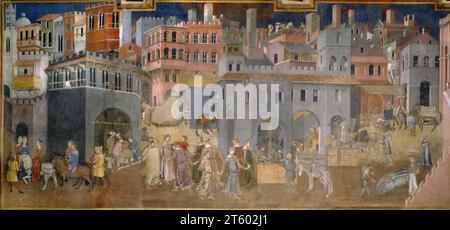 Title: The Effects of Good Government in Cities (Detail from the Allegory and Effects of Good and Bad Government in Town and Country) Artist: Ambrogio Lorenzetti Date: 1337-1343 (C14th AD) Medium: Fresco Location: Hall of Peace, Palazzo Publico, Siena (Palazzo Pubblico), Siena, Italy Dimensions: Width 1400 cm Stock Photo