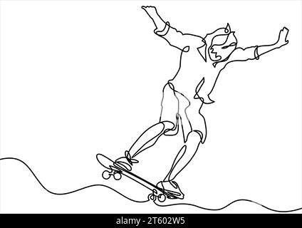 Continuous line drawing. Boy riding a skateboard. Vector Illustration Stock Vector
