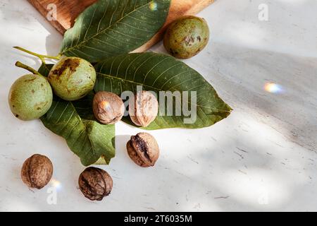Young walnuts with leaves on a white background. Nuts with shell and walnuts in green peel. Stock Photo