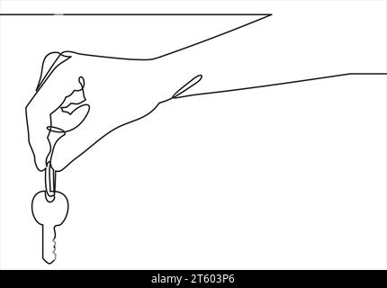 Continuous line drawing. The hand holds the keys to the car or apartment. Stock Vector