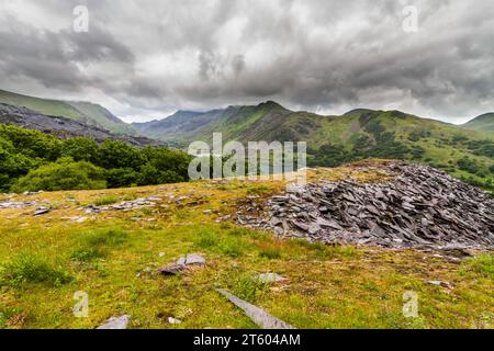 View of Llanberis and the nant Peris pass from Dinorwic slate quarry in Snowdonia or Eryri National Park, North Wales, UK, landscape Stock Photo