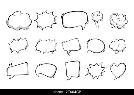 Empty comic speech bubbles background in pop art style. Comic speech bubble stickers with cloud, starburst, text box space, explosion. Stock Vector