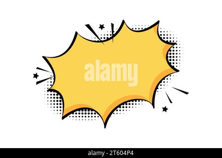 Comic text speech chat bubble explosion pop art style. Starburst comic text speech with halftone shadow Stock Vector