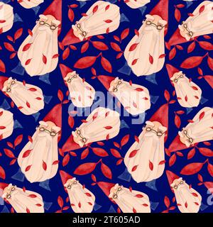 Autumn gnomes. Watercolor seamless pattern for fabrics, home textiles, clothes and wrapping paper. Fairytale vintage style. Dark blue background. Stock Photo