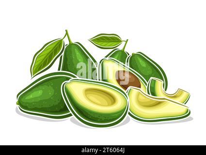 Vector logo for Avocado, decorative horizontal poster with outline illustration of green avocado composition with leaves, cartoon design veggie print Stock Vector