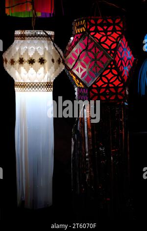 Series of colourful aakash kandil lights displayed in Pune city area, during Diwali Festival. Stock Photo