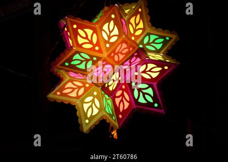 Series of colourful aakash kandil lights displayed in Pune city area, during Diwali Festival. Stock Photo