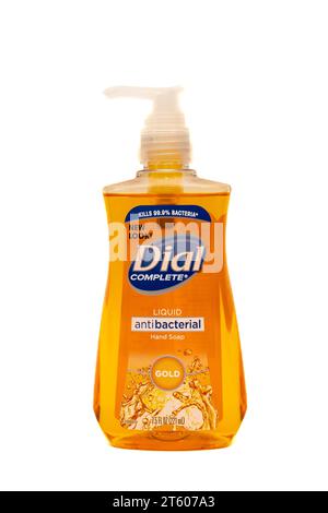 Image of a clear plastic pump bottle of Dial complete liquid gold antibacterial hand soap, kills 99.9% of bacteria Stock Photo