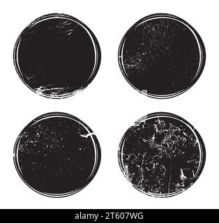 Grunge post stamps. Dirty scratches circle banners. Distress texture labels and badges. Black blank shapes. Vector Stock Vector