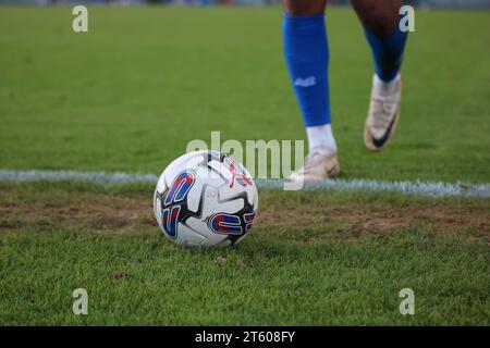 Player Approaching EFL Puma Ball on Side of Football Pitch Stock Photo