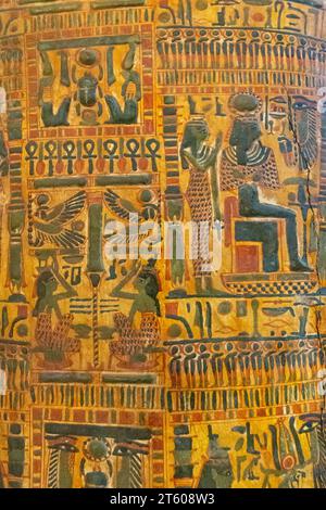 Drawings on an ancient Egyptian sarcophagus in the Cairo Museum Stock Photo