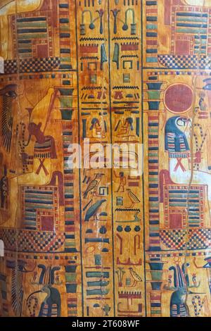 Drawings on an ancient Egyptian sarcophagus in the Cairo Museum Stock Photo