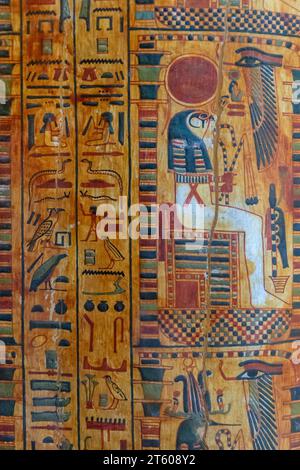 Drawings on an ancient Egyptian sarcophagus in the Cairo Museum Stock Photo