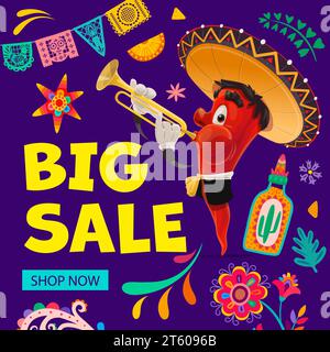 Mexican holiday big sale banner with chili pepper mariachi musician vector character. Mexico fiesta special offer with cartoon red jalapeno, sombrero, flowers and tequila, trumpet, papel picado flags Stock Vector