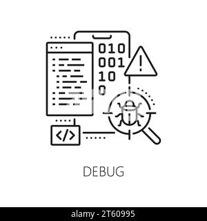 Debug, web app develop and optimization icon of software testing, line vector. Mobile app UI or phone web application UX software debugging test for technical errors and performance evaluation Stock Vector