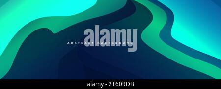 Blue and turquoise green abstract wide banner background with 3D dynamic wave shapes. Vector illustration Stock Vector