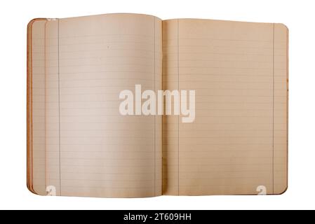 Antique open notebook with lines on pages  yellowed by time, isolated on white with clipping path included, top view Stock Photo