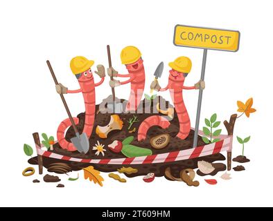 Cartoon earth worm builder characters in compost or soil humus, vector poster. Earthworms in builder hats cleaning compostable bio wastes or organic garbage with spades for farm garden vermicomposting Stock Vector