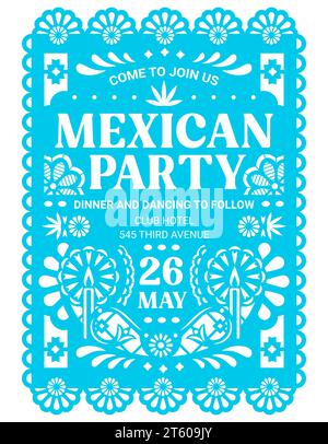 Mexican party flyer papel picado paper cut flag banner. Mexico fiesta carnival invitation, vector flag made of blue color paper with perforated pattern of candles, flowers and ethnic latin ornaments Stock Vector