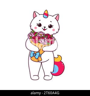 Cartoon cute caticorn cat or kitten character with flowers. White unicorn cat or caticorn kitty vector personage with happy face, rainbow horn and tail holding rose flowers bouquet with ribbon bow Stock Vector