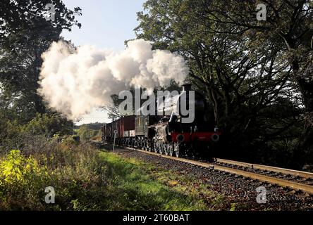 45690 Leander passes Springside Farm on 14.10.23 during the ELR Steam Gala. Stock Photo