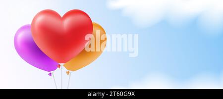 Heart shaped colorful balloons on the blue sky background with clouds, vector banner design. Stock Vector
