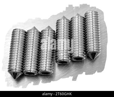 DIN 0914 bolts screws close up macro detailed on white reflective background Stock Photo