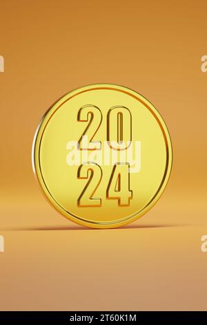 Golden coin with the number 2024. 3d illustration. Stock Photo