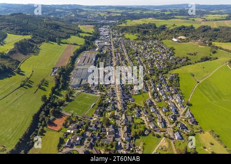 Aerial view of Elspe with commercial area and sports facilities on the B55 main road, Elspe, Lennestadt, Sauerland, North Rhine-Westphalia, Germany, D Stock Photo