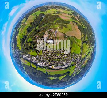 Aerial view, Elspe district, Elspe Festival leisure facility for Karl May Festival, earth globe, fisheye image, 360 degree image, tiny world, Elspe, L Stock Photo