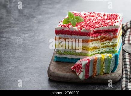 Multicolored  rainbow cake on gray background Stock Photo