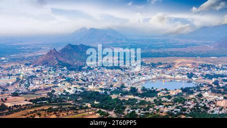 Pushkar Holy lake and Pushkar Holy City. Panoramic view from the mountain. Pushkar, Rajasthan, India, Asia. Stock Photo