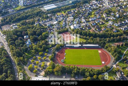 Aerial view, tennis courts and sports field Stadion Stählerwiese of LG Kindelsberg Kreuztal and athletics base of the Football and Athletics Associati Stock Photo