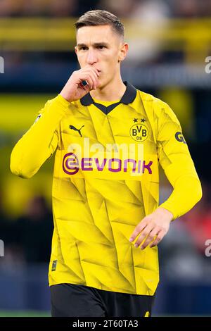 DORTMUND, GERMANY - NOVEMBER 7: Nico Schlotterbeck of Borussia Dortmund reacts during the UEFA Champions League Group F match between Borussia Dortmund and Newcastle United FC at the Signal Iduna Park on November 7, 2023 in Dortmund, Germany (Photo by Joris Verwijst/Orange Pictures) Stock Photo