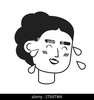 Tears of joy middle eastern woman black and white 2D vector avatar illustration Stock Vector