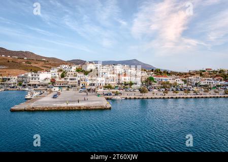 Gavrio, a village on the west coast of the Andros island, Cyclades, Greece. Once a fishing village, now it is a popular summer resort. Stock Photo