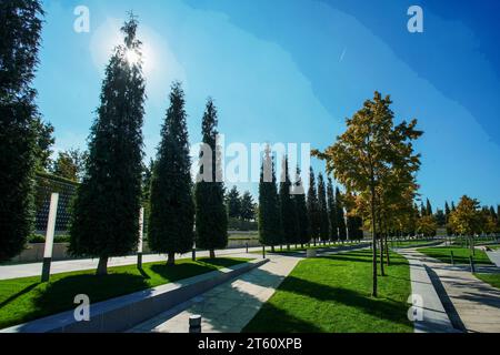 Amazing sun shines  - place for relaxation on comfortable outdoor benches  in Park Galitskogo (Krasnodar park). Long summer in southern Russia. Stock Photo