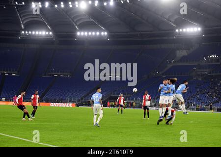 ROME - David Hancko of Feyenoord takes a free kick during the UEFA Champions League Group E match between SS Lazio Roma and Feyenoord Rotterdam at Stadio Olimpico on November 7, 2023 in Rome, Italy. ANP OLAF KRAAK Stock Photo