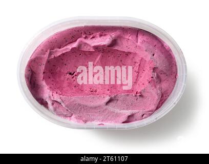 box of open black currant ice cream isolated on white background, top view Stock Photo