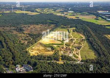 Aerial photograph, Seehof sand works at the Haltern reservoir and at the forest area with forest damage Westruper Heide, Stockwiese, Haltern am See, R Stock Photo