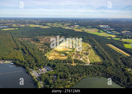 Aerial photograph, Seehof sand works at the Haltern reservoir and at the forest area with forest damage Westruper Heide, Stockwiese, Haltern am See, R Stock Photo