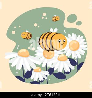 Cute bee insects flying on flowers Vector Stock Vector